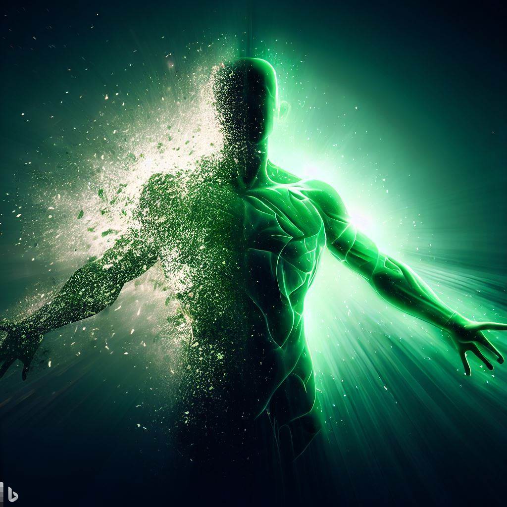 Green human transforming into a hero